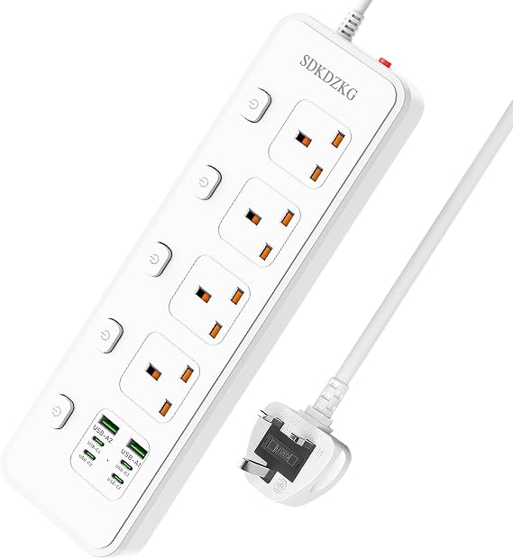 3M Extension Lead with 4 USB-C Ports and 2 USB-A Ports, 4 Way Sockets Outlets(13A/3250W) Power Strip with Individual Switches Overload Protection and 3M Extension cord for Home Office(SDK-G62)