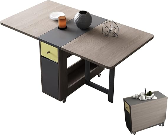 FUNROLUX Foldable Dining Table with Storage Rack and 2 Drawers Movable Kitchen Table Telescopic Space Saving Foldable 3 Forms Grey