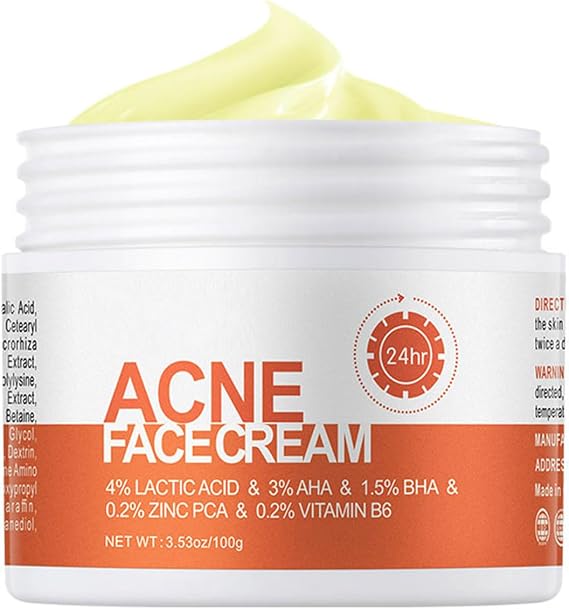 Acne Face Cream, Acne Treatment Cream, with 4% Lactic Acid, 3% AHA, 1.5% BHA, 0.2% Zinc PCA, 0.2% Vitamin B6, 5 Professional Acne-Fighting Ingredients, Repair and Improve Fragile Skin, 100g