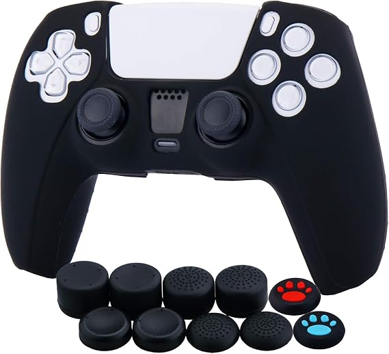YoRHa Silicone Cover Skin Case for PS5 Controller x 1(Black) with Thumb Grips x 10