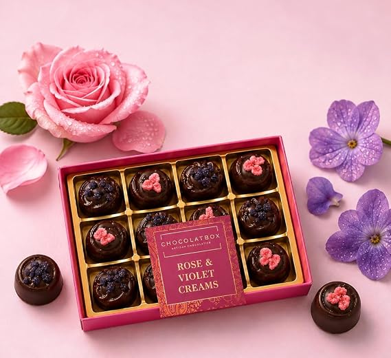 Handmade Dark Belgian Chocolate Rose And Violet Creams Soft Fondant Filling 160g 12 Per Box – Soft Fondant Filling, Natural Flower Oils, 160g, Luxury Artisan Gift