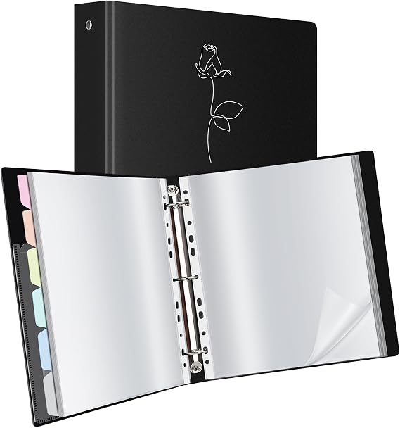 Uquelic Presentation Ring Binder, A4 Display Folder with 50 Punched Pockets and 6 Divider Pages, Display File Plastic Sleeves for Documents, Certificates, Receipts, Silver Rose Print