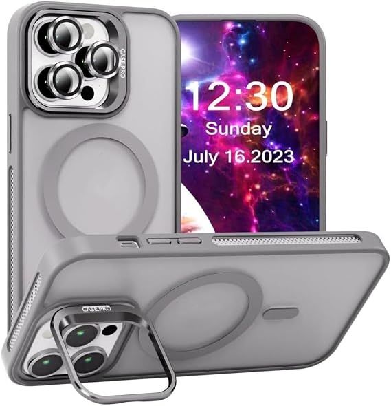 MADNOVA iPhone 13 Pro için Kılıf Kamera Korumalı Magsafe Wireless Şarj Özellikli Lens Hediyeli Mat Şeffaf Renkli Standlı Kılıf (GRİ)