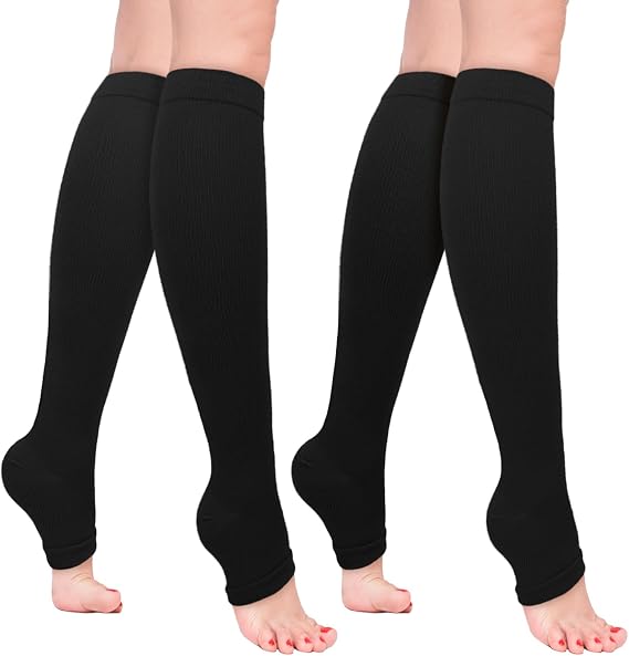 2 Pairs Open Toe Compression Socks Women Men, 20-30 mmHg Flight Compression Socks for Women, Toeless Pressure Socks for Calf Support