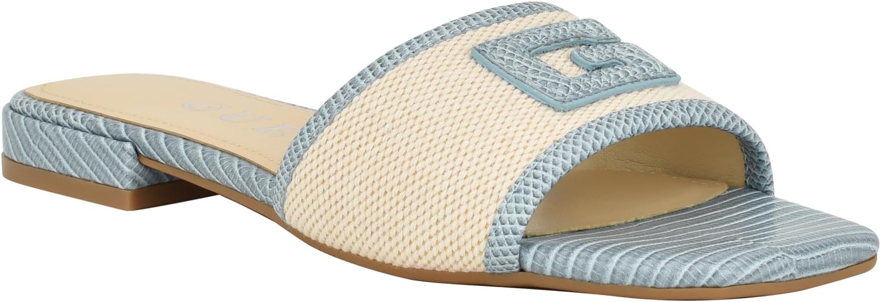 GUESS Women's Tampa Flat Sandal, Light Blue/Beige Multi , 5.5