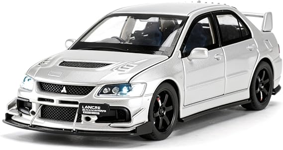 1:32 Mitsubishi Lancer Evolution Diecast Car, Zinc Alloy Pull Back Vehicle Toy with Sound & Light, Collectible Toy for Kids Adults, Silvery