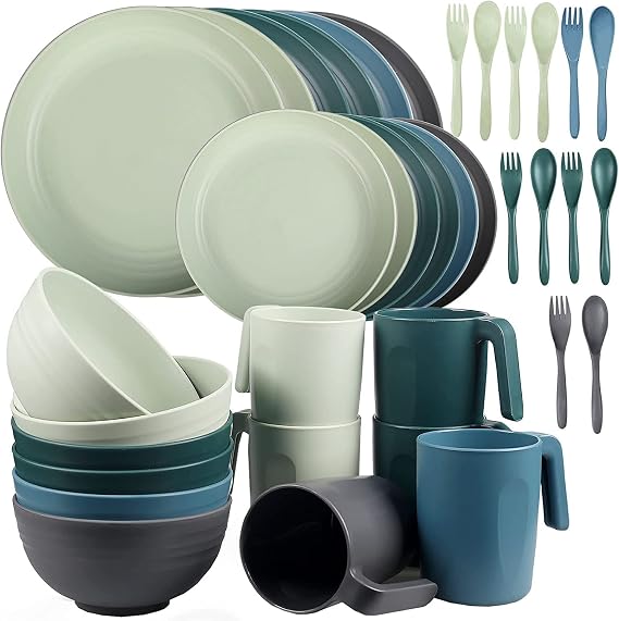 36pcs Unbreakable Dinnerware Sets for 6 People, Camping Plates and Bowls Set, Plastic Picnic Dinner Sets, Lightweight BBQ Serving Plates, Bowls, Cups, Cutlery Set, Forks, Tableware (Mixedcolor)