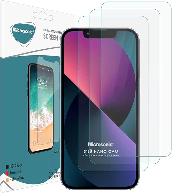 Microsonic Apple iPhone 13 Mini Screen Protector Nano Glass Cam Ekran Koruyucu (3'lü Paket) [iPhone 13 Mini ile Uyumlu Ekran Koruyucu - Şeffaf]