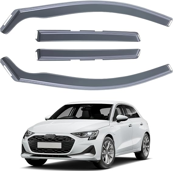 Wind Deflectors Compatible For Audi A3 / S3 MK2 2004-2012 5 Door Sportback/Hatchback 4pc Set, Keep Your Car Ventilated in Rain, Tinted In-Channel, 10pc Clips Accessories