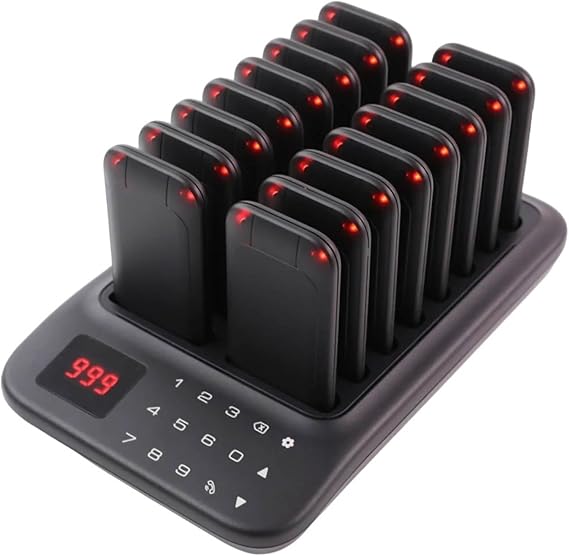 Wireless Restaurant Pager, 500M Range, 16 Pagers, 3 Reminder Modes, Burger Shop
