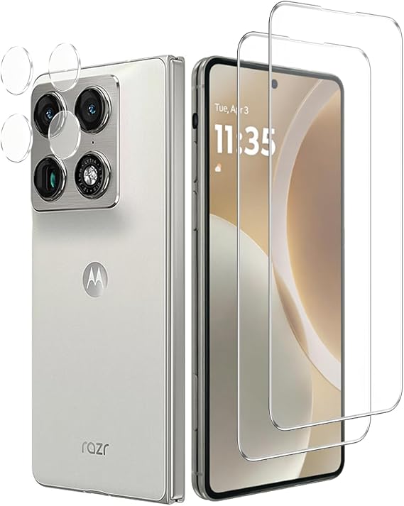2+2枚入り Motorola Moto Razr Fold用 スクリーンプロテクター 強化ガラス カメラレンズプロテクター付き 指紋ロック解除対応 ケースフレンドリー 傷防止 硬度9H Moto Razr Fold用