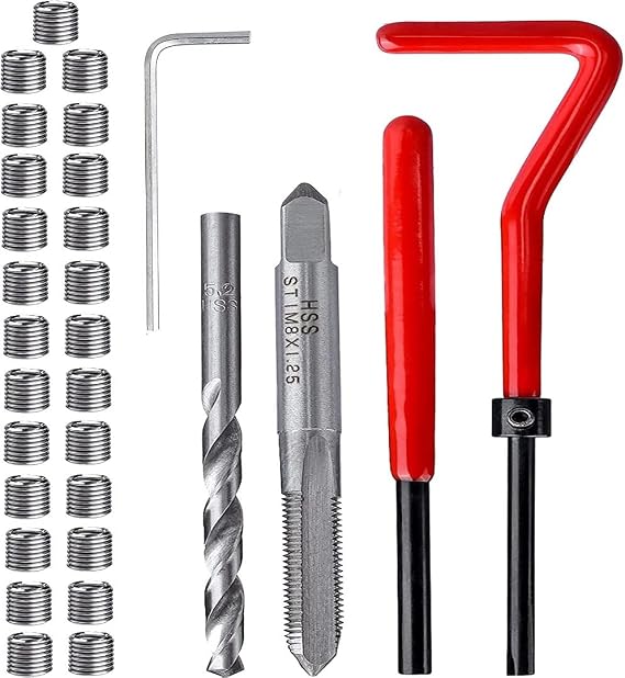 30 Piece M8 x 1.25mm Thread Repair Insert Kit, Stainless Steel Thread Repair Kit Helicoil Coil Compatible Hand Tool Set for Auto Repair