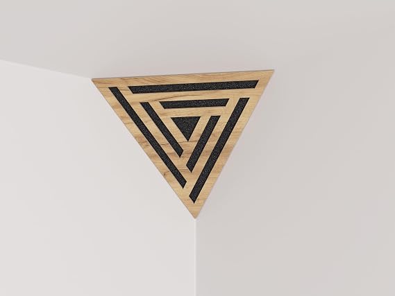 2 Pack — Acoustic Corner Ceiling Bass Trap «Triangle» | Sound Absorption-Diffuse Acoustic Foam with Perforated Laminated HDF Plate | Front Triangle Side: 42cm | Color: (Oak, SCIFI)