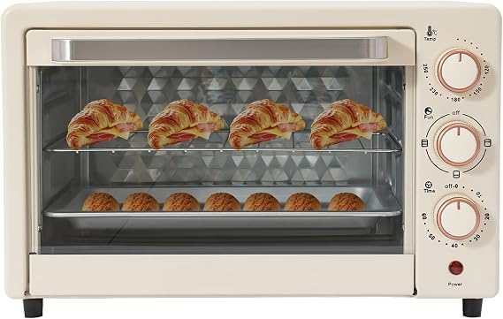 Mini Oven 22 L 1000 W Electric Oven with Grill Pan and Grill Rack Mini Oven Pizza Oven with Adjustable Temperature (120 °C - 250 °C) 4 Heating Pipes Mini Oven Combination Device for Parties Families (Cream White)
