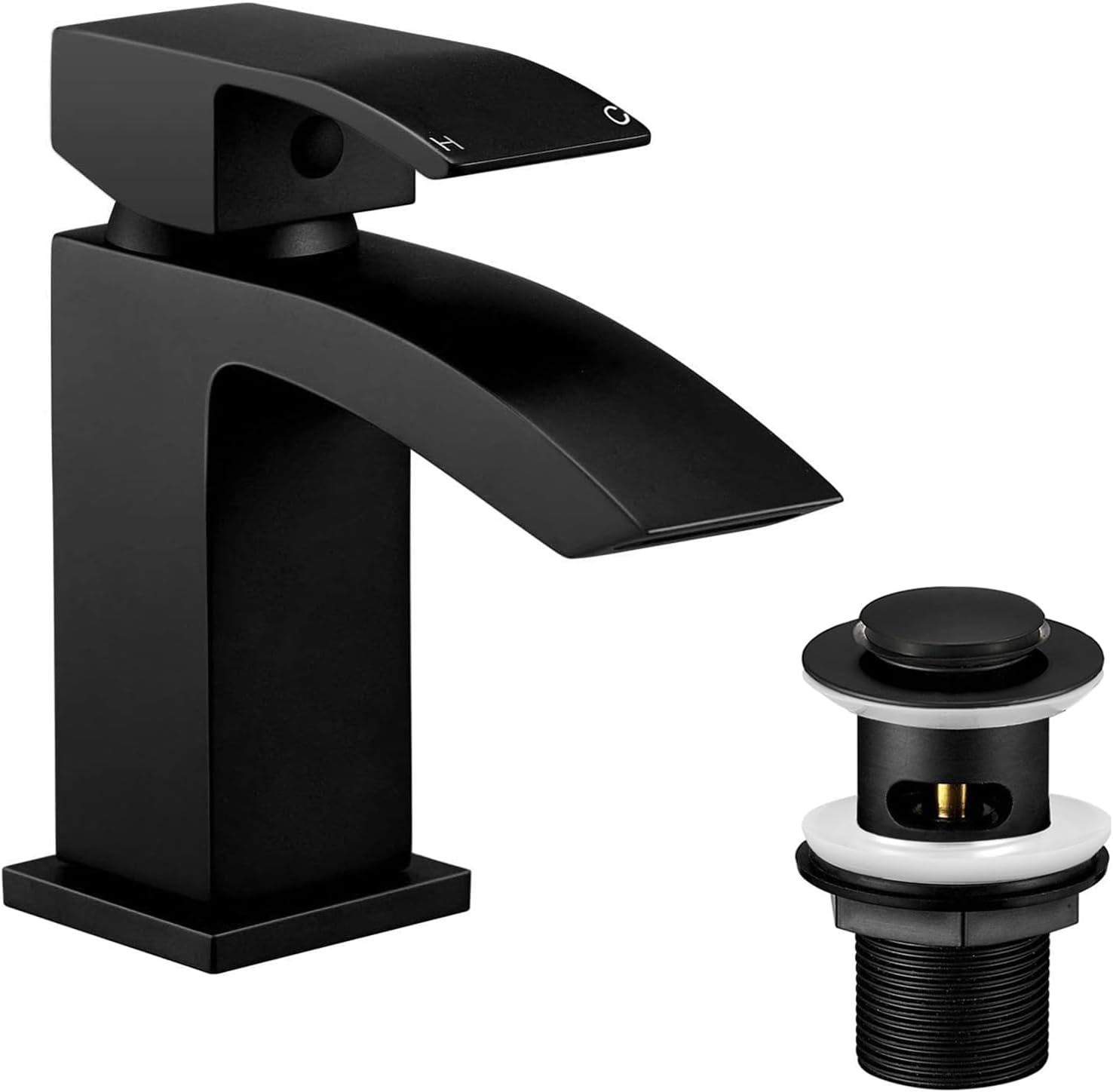 Wasserrhythm Basin Taps with Pop up Waste Black Waterfall Square Bathoom Sink Tap Mixers Brass Mono Cloakroom Faucet Monobloc with Slotted Waste Modern 1 Hole G12 Hoses