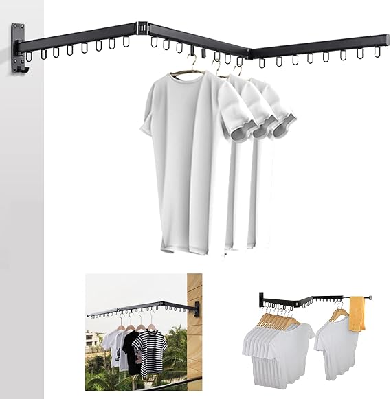 BESTHLS Wall Mounted Clothes Drying Rack for Space Saver Hangers Design for Balcony, Mudroom, Bedroom Foldable Laundry Rack(3-Pole Black)