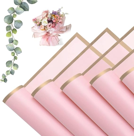 MtnLaur Flower Wrapping Paper 20 Sheets, Bouquet Wrapping Paper with Gold Border, Waterproof Korean Florist Bouquet Paper, Packaging Paper for DIY Crafts Wedding Birthday Gift (Pink)