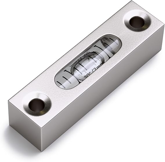 Metal Precision Level 58mm, Clear Liquid, Aluminium Body, Glass Vial | The mounting body and fixing holes hold the vial on machinery, benches or other equipment.