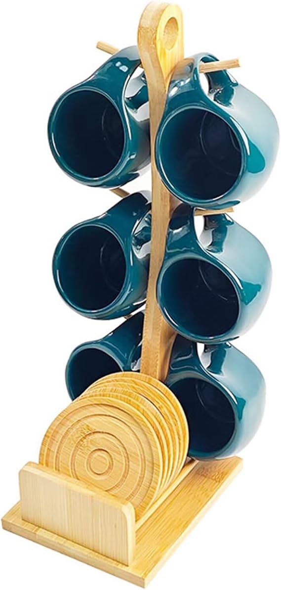 Ceramic Coffee Cup Shelf Set 6 Piece Creative Cup Green and Wood Saucer 12.6x15.6x37.5cm Coffee Mugs with Bamboo Stand Frame Combination Kitchen Accessories Display