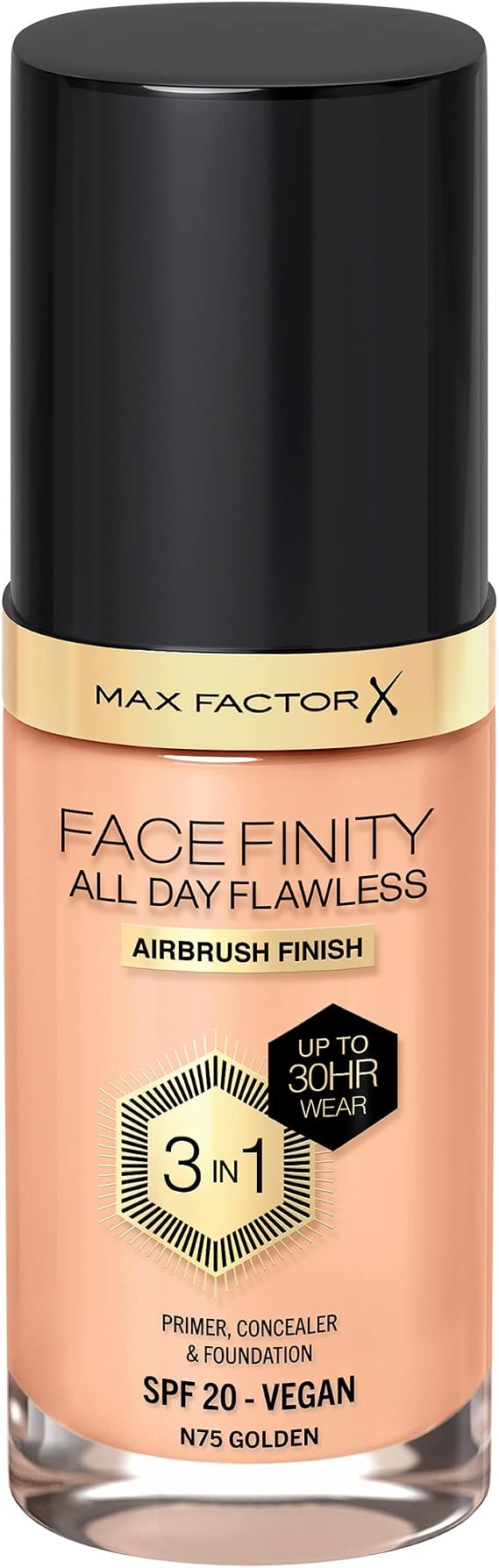 Max Factor Facefinity All Day Flawless 3 in 1 Liquid Foundation, Lightweight Oil Free Formula with SPF 20, 075 Golden, 30 ml, packaging may vary