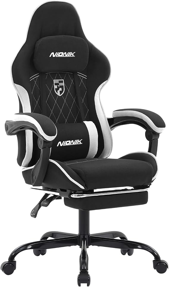 Gaming Chair Racing Gaming Chair with Footrest Ergonomic Gaming Chair Headrest Adjustable Computer Chair Height Adjustable Lumbar Support for Home Office and Gaming Black White