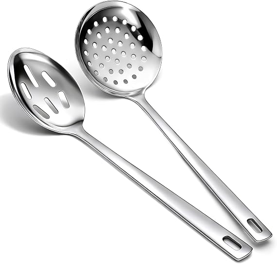 Berglander Slotted Spoons for Straining 2 pcs 33cm, Stainless Steel Kitchen Spider Strainer Skimmer Ladle for Straining Pasta/Cooking/Frying, Metal Kitchen Utensils Pasta Spoon