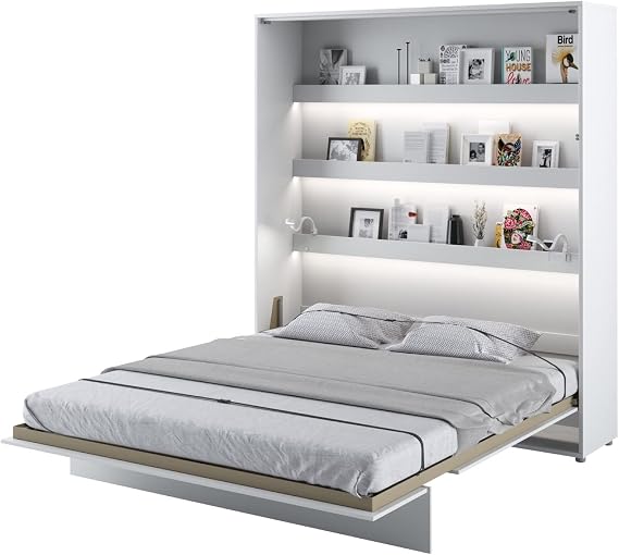 Arthauss Vertical Wall Bed Concept with Storage 180cm White Matt - Space-Saving Hidden Cabinet Bed for Small Rooms, Fold Down Murphy Bed with Multifunctional Shelves