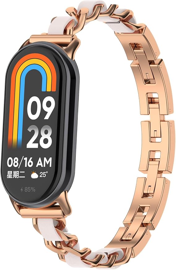 Xiaomi Mi Band 8対応 スタイリッシュなリストバンド ステンレススチール メタルチェーン カウボーイスタイル 交換用ストラップ ファッション ユニーク レザー ドレッシー ジュエリー ブレスレット Mi Fit Band 8 スマートウォッチ用