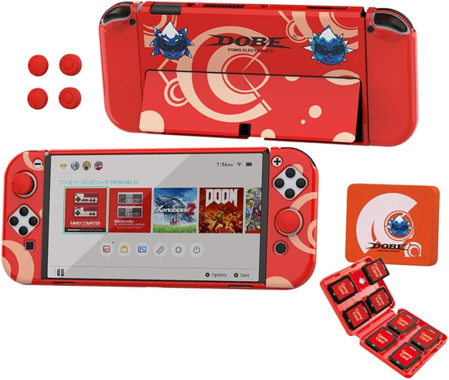 DOBE Nintendo Switch OLED ile Uyumlu 3'ü 1 Arada Standlı Kılıf Seti, Analog Yükseltici ve Oyun Kart Kutusu, Kırmızı