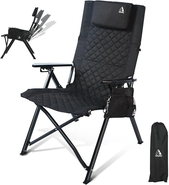 Aluminum Luxury Camping Chair for Adults Heavy Duty 150KG with 4-Position Adjustable High Back Folding Garden Patio Reclining Outdoor Recliner Deck Chair with Side Pocket(Black, 1Pack)