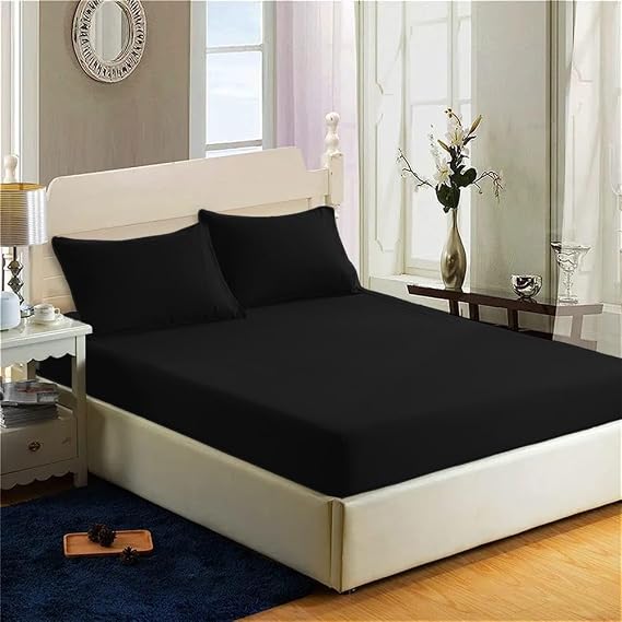 Filo Magico 200 Thread Count 100% Egyptian Cotton Fitted Sheet - 16"/40cm Extra Deep Fitted Bed Sheet - Luxury Ultra Soft Bottom Sheet - Deep Pocket Stretches Up to 16" (Black, 4FT - Small Double)