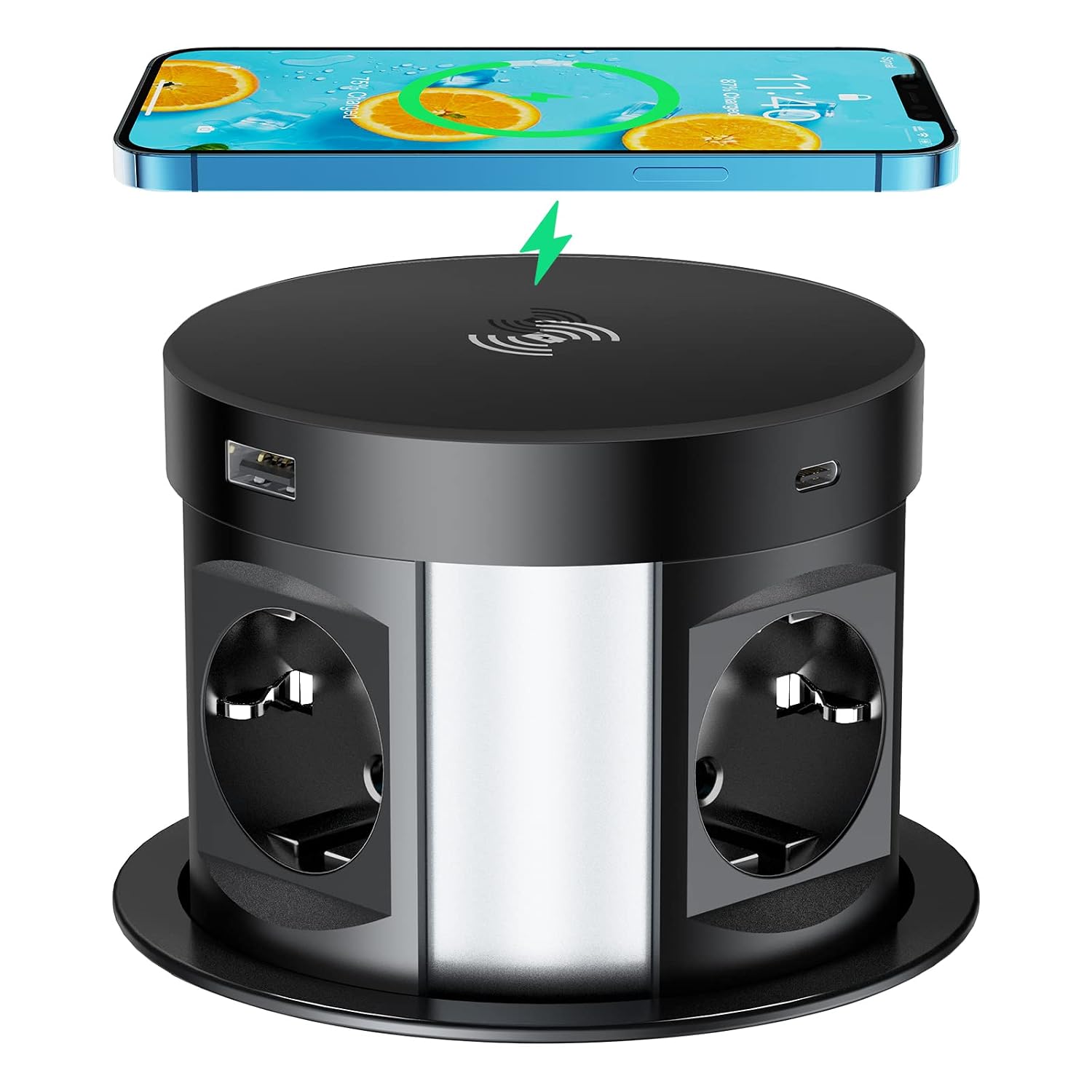 Recessed Table USB C Socket 4 Sockets, Power Strip Sockets with 4 USB Recessed Recessed Retractable, Table Power Strip with Wireless Charger, 3680W/16A, 1.7 m Cables, Black