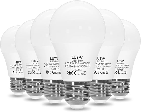 E27 Screw Bulb, 9W = 60W 900LM, Cool White 6500K, 6 Pack [Energy Class F]