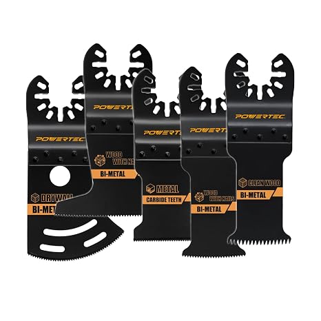 Powertec 振動ツールブレード 5点セット – バイメタル&カーバイドマルチツールブレード 木材、金属、釘埋め込み木材、石膏ボード、セメントボード、プラスチックを切断するためのブレード14500