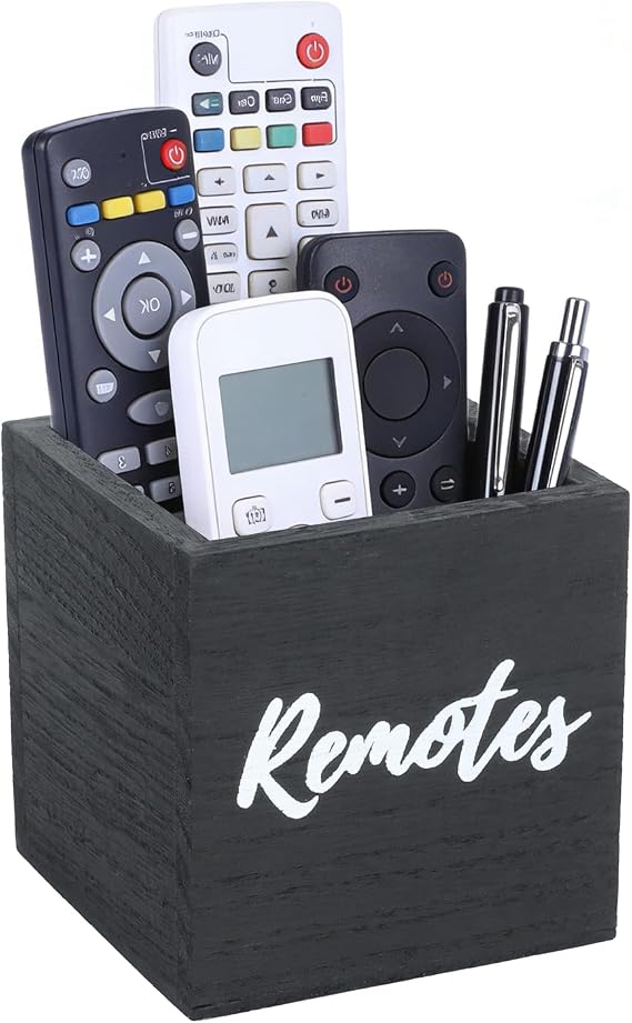 Wooden Remote Control Holder - Solid Wood Desk Organiser Tidy, TV Controller Holder& TV Remote Holder for Remotes/Stationery/Cosmetics, Living Room/Bedroom/Office-Black