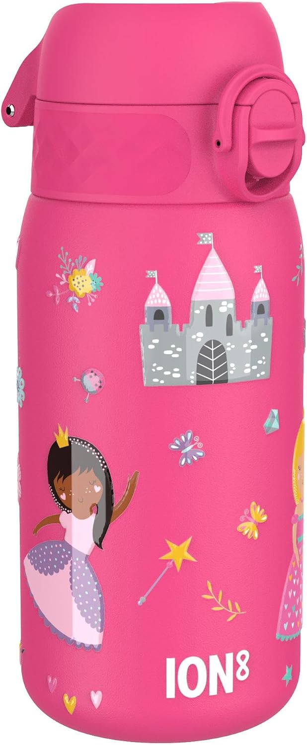 Ion8 Small Water Bottle, Leak Proof, Easy to Open, Secure Lock, Dishwasher Safe, Flip Cover, Carry Handle, Easy Clean, Durable, Water Bottle, Raised Print, Pink, Princess
