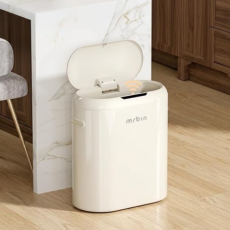MRBIN Metal Kitchen Motion Sensor Trash Can with Lid, 10.5 Gallon Slim Automatic Waste Basket Touchless, Medium Commercial Covered Garbage Pail for Narrow Office, Bathroom, Dorm, Cream White