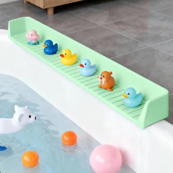 Dreamtop Bathtub Splash Guard for Tub, 2.6FT Play Shelf for Bathing, Toy Tray Caddy Holder for Tub, Silicone Tub Splash Guard Prevent Water Spills in Bathroom (Green)