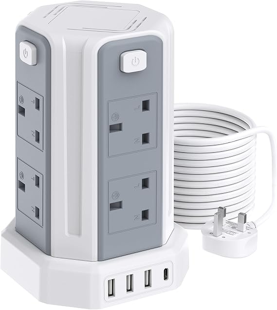 Tower Extension Lead 5M, 8 AC Outlets and 4 USB Ports Extension Tower