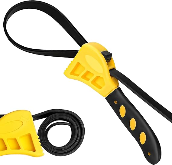 Rubber Strap Wrench - Heavy Duty Adjustable Wrench for Oil Filters, Plumbing Pipes, Jars & Water Filters, Non-Slip Strap, Yellow
