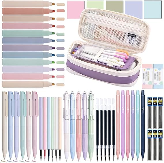 50 PCS Aesthetic Stationery Supplies with Cute Purple Pencil Case