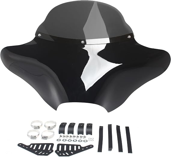 Motorcycle Front Batwing Fairing Windshield Windscreen Compatible with Harley Touring Softail Honda Suzuki Yamaha, Black