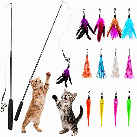 Retractable Cat Teaser Wand, Fishing Toy for Indoor Cats Kittens