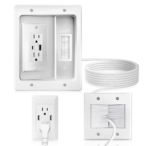 電源、acコンセント、usb-a + Usb-cポート付き壁内tvケーブル管理キット