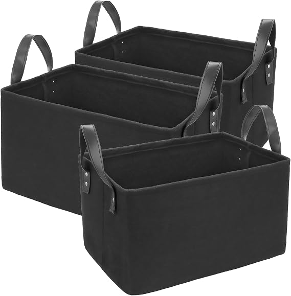 3 Pcs Felt Fabric Black Storage Baskets, Foldable Felt Storage Box with Two Handles, Laundry Storage Basket Organizer for Clothing, Magazine, Newspaper