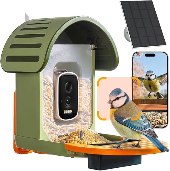 Smart Bird Feeder with Camera, 2.5K UHD Bird Feeder Camera Solar Powered, Sensitive AI Identification, Instant Alerts Capture Video, IP66 Waterproof for Outdoor, Green