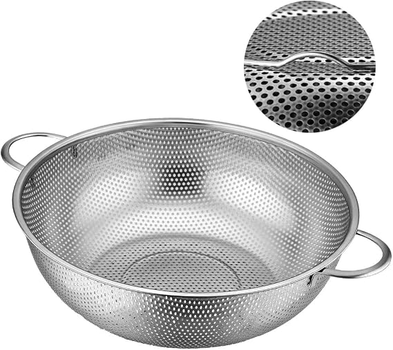 Stainless Steel Colander 25.5cm, 4 Quart Micro-Perforated Food Strainer with Handles, Colander for Draining Washing Rinsing Steaming, Thickened Metal Sieve Ideal for Pasta Vegetables Fruit (25.5cm)