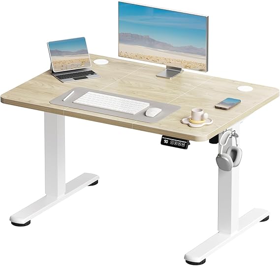 Devoko Electric Standing Desk 100x60cm Sit Stand Table Height Adjustable Desk with Backpack Hook and Memory Smart Panel, Home Office Table with Splice Board, Beige