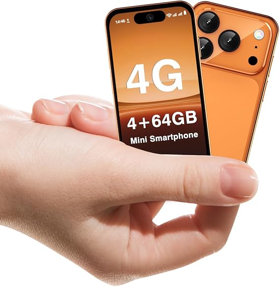 Mini Smartphone, Liberado 4G, Pantalla 3,88 pulgadas, Android 12, Batería 1950mAh, Teléfono para Niños y Estudiantes, Doble SIM, Reconocimiento Facial (Naranja, 4G)