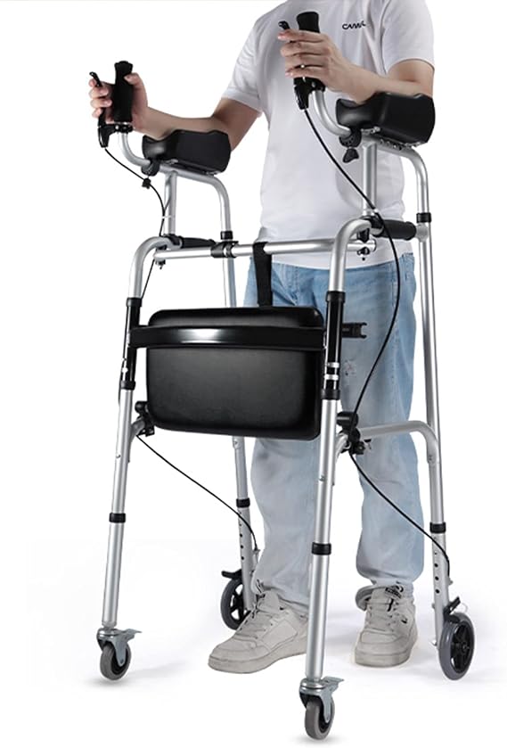Disabled/Elderly Upright Walker with Forearm Support & Brakes & Seat, Rolling Mobile Walking Aid - Foldable Aluminum Rollator Walker, Supports up to 150kg/330lbs